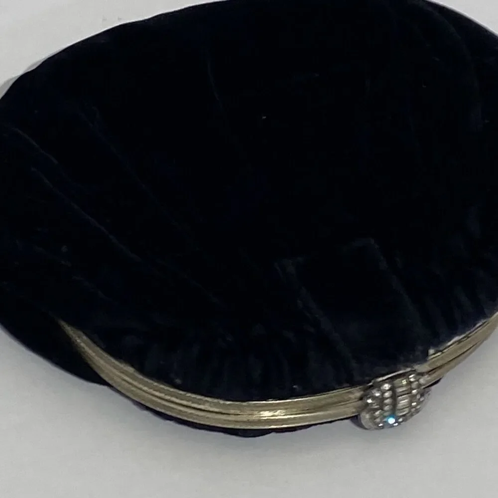 Vintage Black Velvet‎ Art Deco Clutch Rhinestone Clasp Evening Bag Pouch Purse
